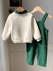 SHEIN 男嬰字母圖案 2 合 1 秋冬衛衣與燈芯絨吊帶連身褲套裝 - 彩色 - 查看 2