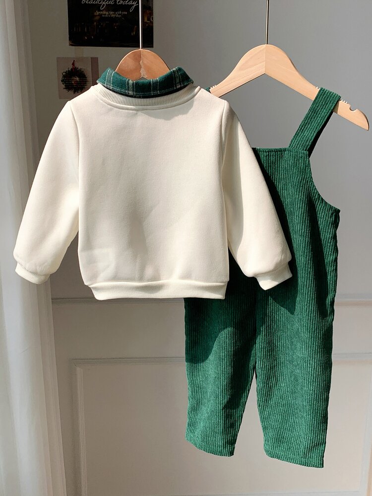 SHEIN Baby Boy Letter Graphic 2 In 1 Autumn Winter Sweatshirt & Cord Overall Jumpsuit Set - Multicolor - View 2