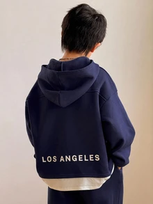SHEIN Tween Boys Autumn Hoodie & Kids Sweatshirt Co-Ords - Navy Blue - View 3