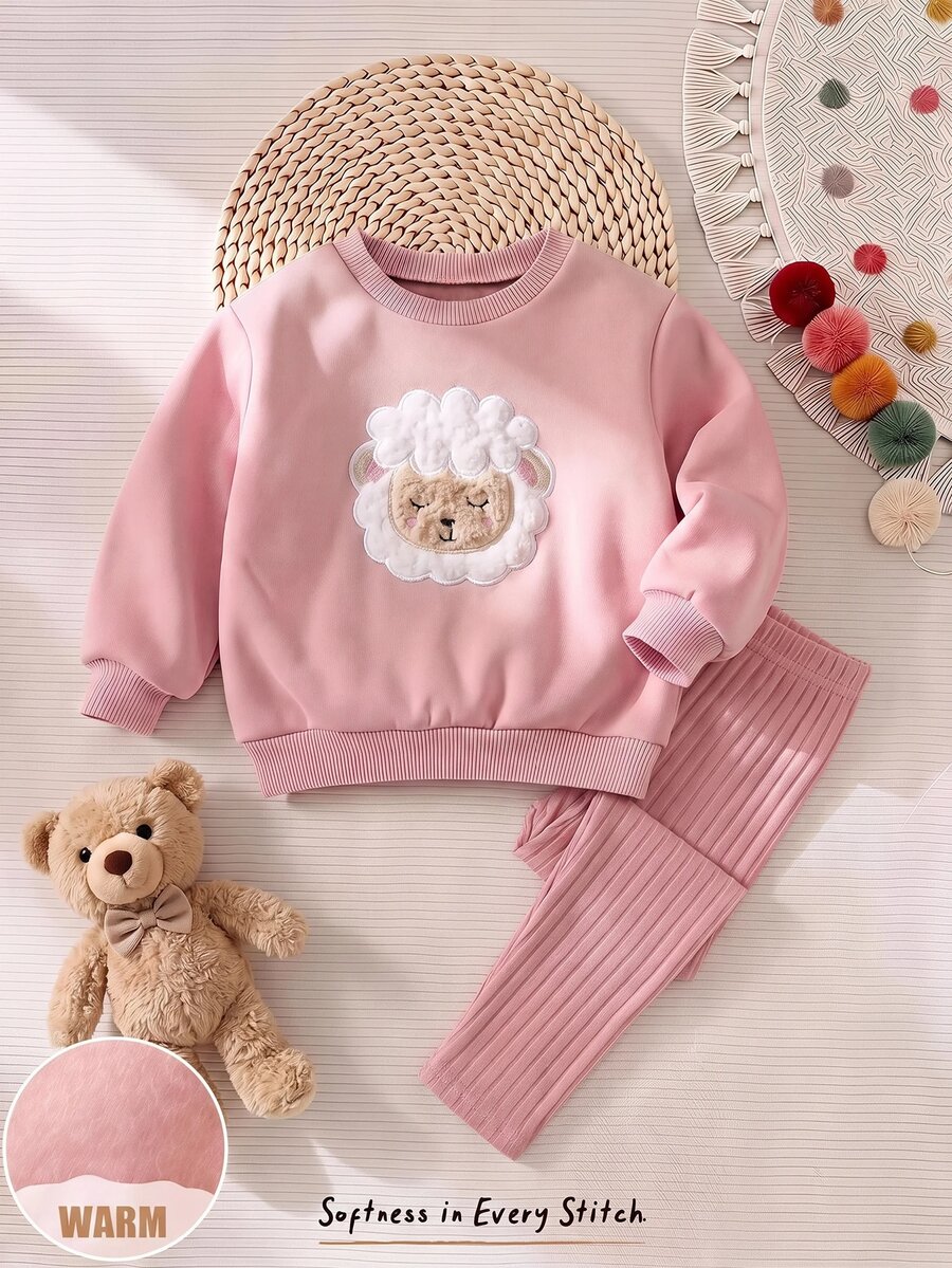 Cozy Pixies Baju Sweatshirt dan Legging Berlapis Termal dengan Bordir Kartun untuk Bayi Perempuan - Berwarna merah muda - View 1