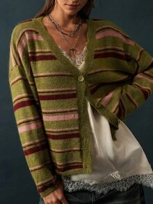 Bohemela Contrast Striped Pattern Drop Shoulder Oversize Cardigan - Green - View 5