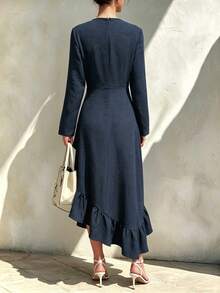 SHEIN Surplice Neck Ruffle Hem Wrap Dress - Navy Blue - View 2