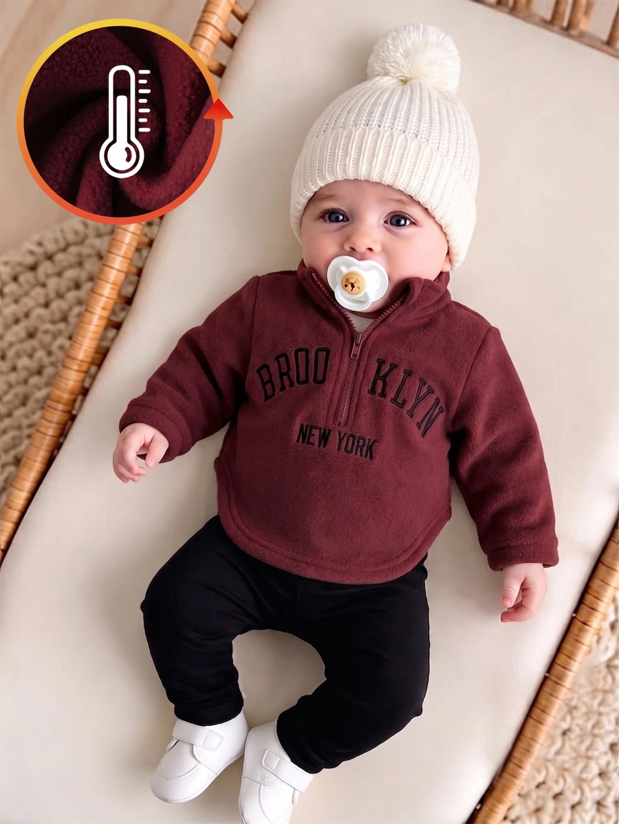 SHEIN Newborn Baby Letter Graphic Half Zip Thermal Sweatshirt & Pants - Burgundy - View 1