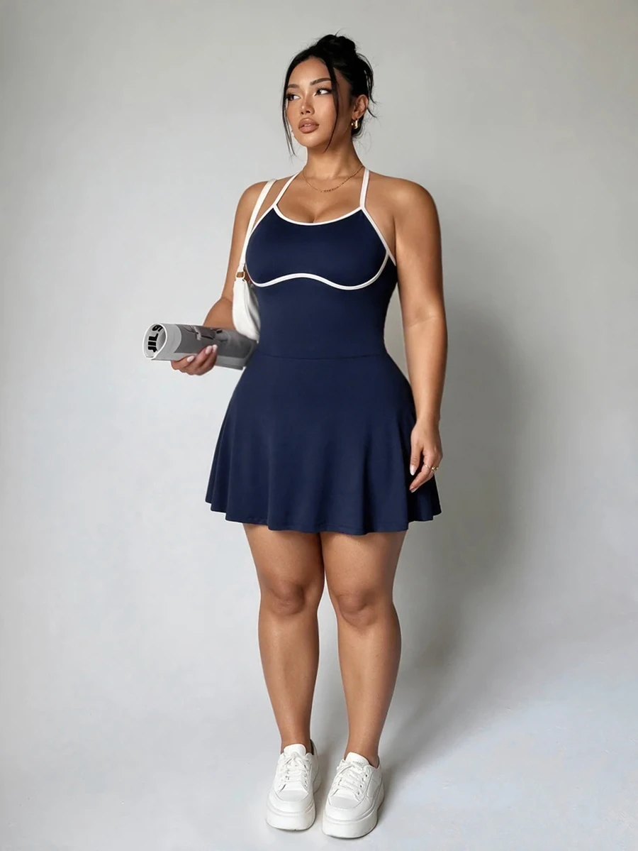 SHEIN Velisys Gaun Olahraga Wanita Ukuran Besar untuk Pickleball Warna Biru Navy Gaya Kawaii - Biru - View 1