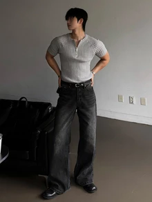 DAZY Men Slant Pocket Wide Leg Jeans Without Belt - Black - View 3