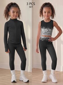 SHEIN Young Girl Zip Up Thumbholes Active Set - Black - View 1