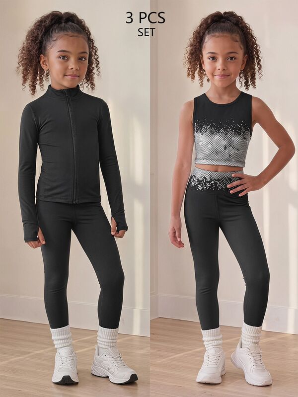 SHEIN Young Girl Zip Up Thumbholes Active Set
