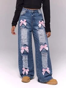 SHEIN Tween Girl Bow Front Ripped Wide Leg Jeans - Dark Wash - View 1