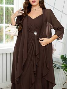 Reflora Vestido de tirantes con detalle de strass & Abrigo de frente abierto - Café integral - Ver 1