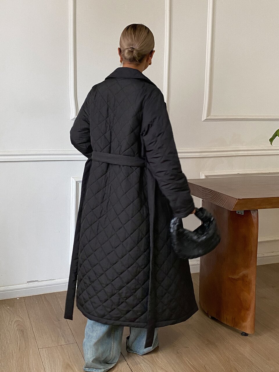 Lapel Neck Slant Pocket Belted Quilted Coat Jacket