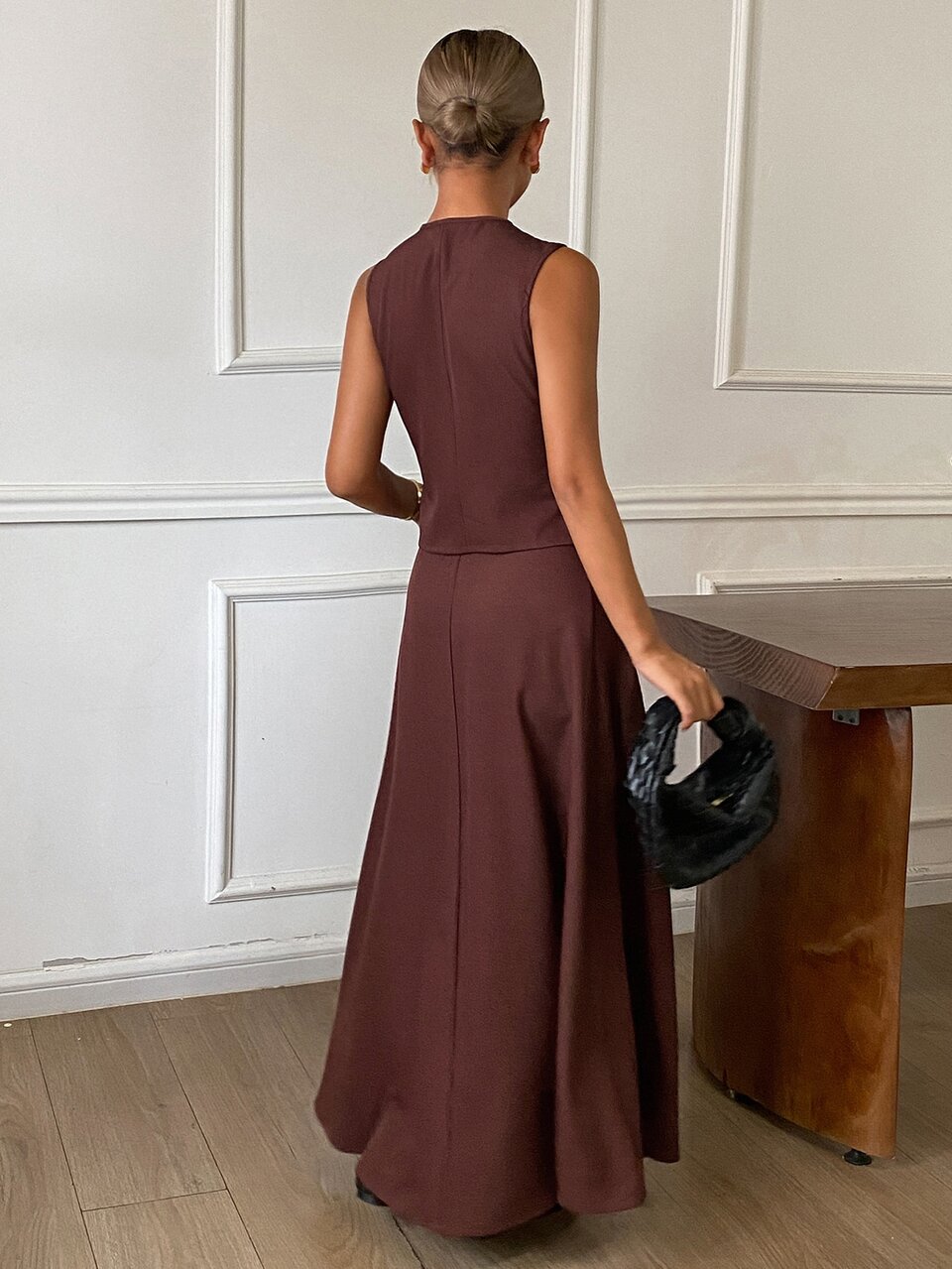 Solid Button Front Waistcoat & Skirt Lounge Sets For Women