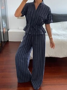 DAZY Blue Stripe Print Drawstring Waist Top Pants Lounge Sets For Women Travel Summer Casual - Rust Brown - View 3