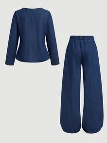 SHEIN Firerie Kids 女童（大）牛仔套裝 - 藍色 - 查看 4