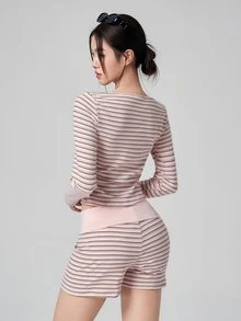 DAZY Striped Print Button Front Sports Set - Pink - View 7