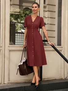 Editum V Neck Button Front Midi Dress - Red - View 7