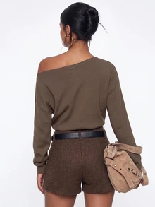 Avantive Solid Asymmetrical Neck Knit Top - Coffee Brown - View 3