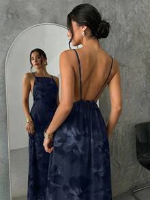 Firerie Floral Print Backless Cami Dress - Navy Blue - View 1