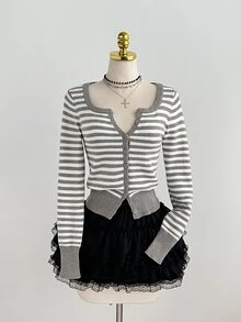 Elamini Grey Plaid Pattern Button Front Cardigan School Autumn French Preppy - Grey - View 5