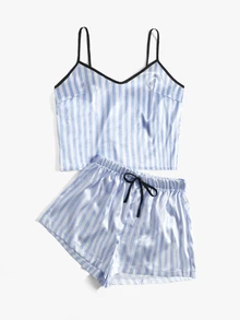 SHEIN Striped Print Contrast Binding Satin Cami Top & Shorts PJ Set - Blue and White - View 3