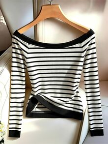 GlowEve CURVE Camiseta de hombros descubiertos con estampado de rayas y bloques de color talla grande - Blanco y Negro - Ver 2