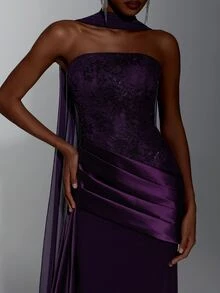 Elitara Floral Jacquard Mesh Panel Formal Dress With Cape - Purple - View 9