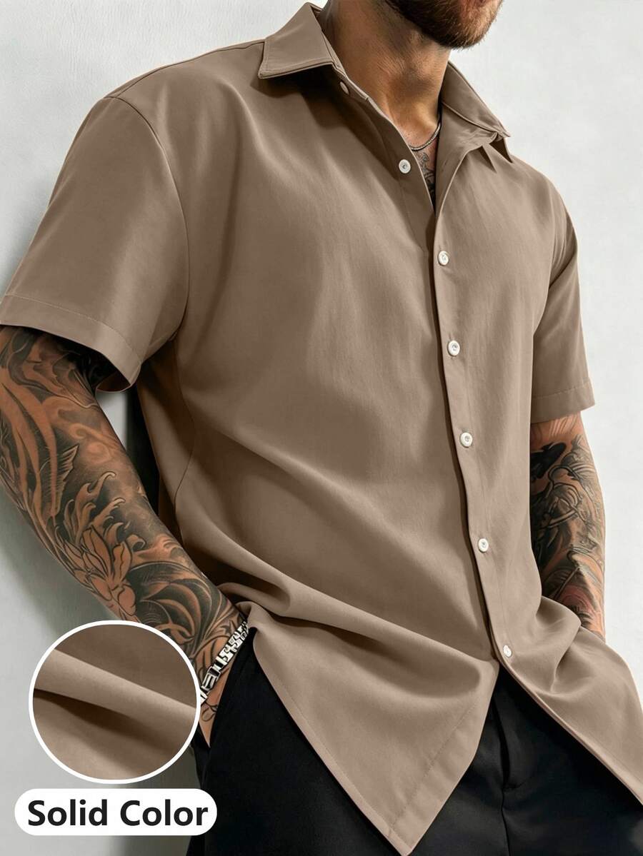 Airaco Men Solid Button Up Shirt - Khaki - View 1
