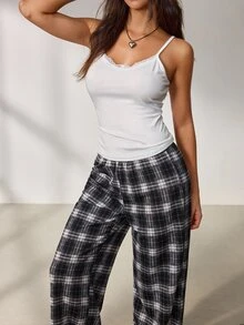 Lowkey Lull Solid Cami Top & Plaid Print Pants PJ Set - Grey - View 5