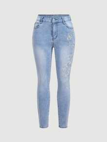 SHEIN PETITE Jeans pitillo de cintura alta con patrón de mariposa de strass - Azul - Ver 4