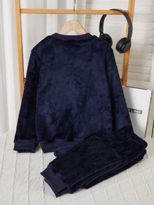 青少年男孩耳機刺繡法蘭絨睡衣套裝 - 藏蓝色 - 查看 2
