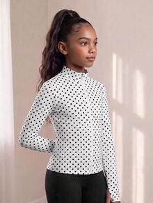 SHEIN Tween Girl Polka Dot Print Zip Up Sports Jacket - Black and White - View 4