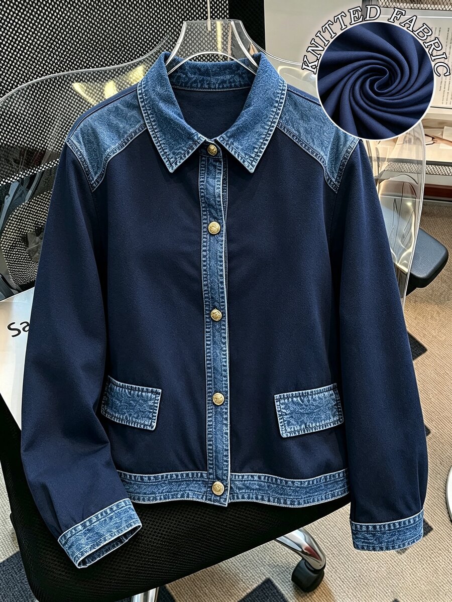 Linhara CURVE Plus Contrast Trim Button Front Jacket Fall | SHEIN USA