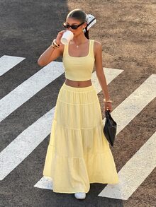 Muchica Falda de color sólido con dobladillo de volantes - amarillo ganso - Ver 4