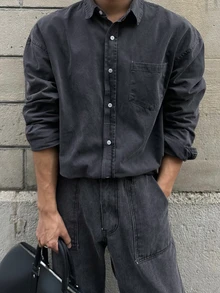 DAZY Men Pocket Patched Denim Coat & Jeans Set - Dark Grey - View 7