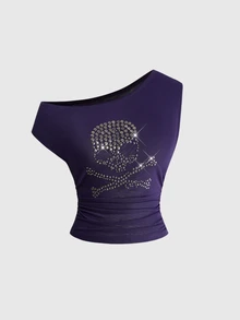 ROMWE Grunge Punk Plus Size Studded Skull Pattern Asymmetrical Neck Ruched Crop Tee - Purple - View 1