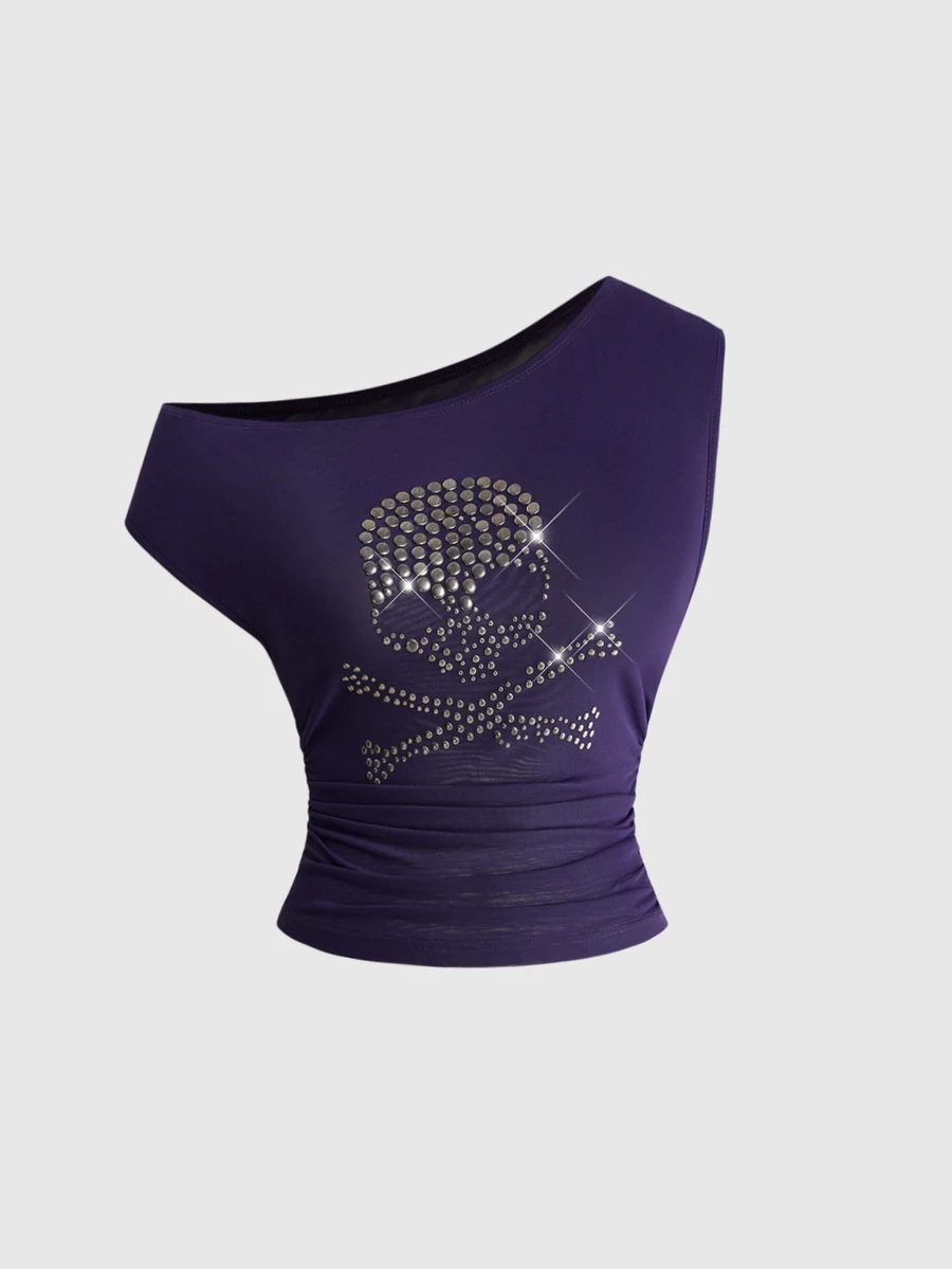 ROMWE Grunge Punk Plus Size Studded Skull Pattern Asymmetrical Neck Ruched Crop Tee - Purple - View 1