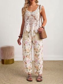 EMERY ROSE Quần jeans ống đứng size lớn họa tiết hoa, 2 túi - Màu be - Xem 4