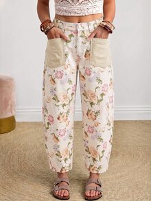 EMERY ROSE Quần jeans ống đứng size lớn họa tiết hoa, 2 túi - Màu be - Xem 3