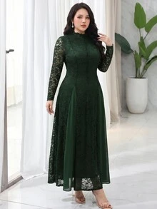 Feyla Plus Mock Neck Lace Overlay Dress - Dark Green - View 5