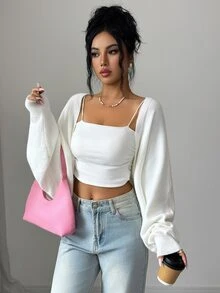 SHEIN Elenzya Kardigan Pendek Lengan Kelelawar Polos - Krem - View 5