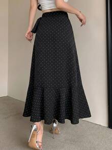 DAZY Polka Dot Ruffle Trim Wrap Knot Side Skirt - Black - View 2
