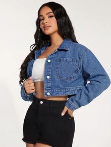 Slaydiva Jaket Denim Crop dengan Bahu Jatuh - Biru - View 5
