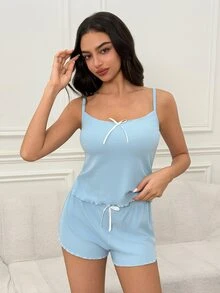 SHEIN طقم بيجامة كامي بتصميم فيونكة أمامية وحافة متموجة مع شورت - الأزرق - مشاهدة 4