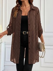 SHEIN Clasi Polka Dot Print Roll Tab Sleeve Shirt - Coffee Brown - View 5