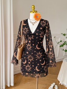 SHEIN EZwear 大尺碼太陽與月亮印花前綁帶網紗洋裝 秋季款 - 黑與白 - 查看 3