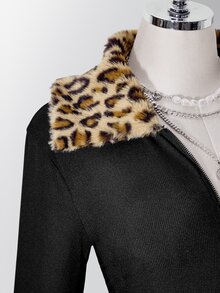 SHEIN ICON 大碼豹紋 Borg 領毛絨飾邊夾克外套 冬季 - 黑色 - 查看 10