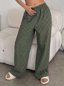 DAZY Gingham Print Elastic Waist Sleep Pants - Green - View 3