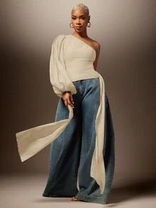 Vixey One Shoulder Lantern Sleeve Draped Side Blouse, Statement Top, Fall/Winter, Boho Chic - Beige - View 2