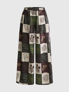 ROMWE Hippie Quần ống rộng họa tiết patchwork size lớn - Màu xanh lá cây đậm - Xem 1
