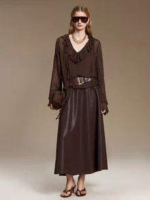 Ontre Ruffle Trim Flounce Sleeve Plisse Top Brunch Dinner Dark Brown Autumn Romantic Elegant - Green - View 2