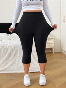 SHEIN EZwear 大尺碼純色開衩褲腳緊身褲 - 黑色 - 查看 5